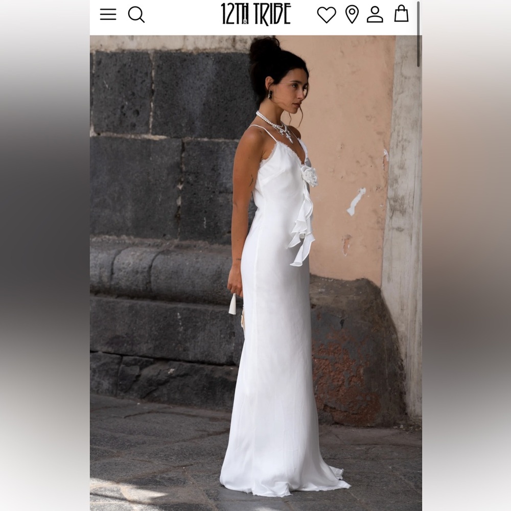 12th Tribe Prosecco White Rosette Frill Maxi Dress
